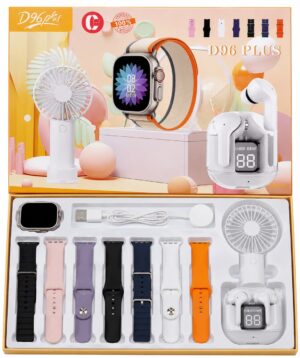3 in 1 Smart Watch Set includes air pods, a smart watch with 7 straps and a Fan