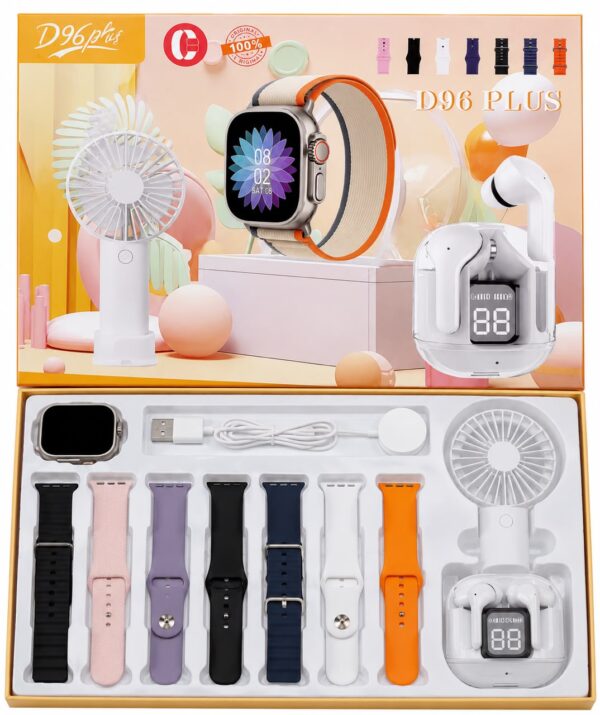 3 in 1 Smart Watch Set includes air pods, a smart watch with 7 straps and a Fan